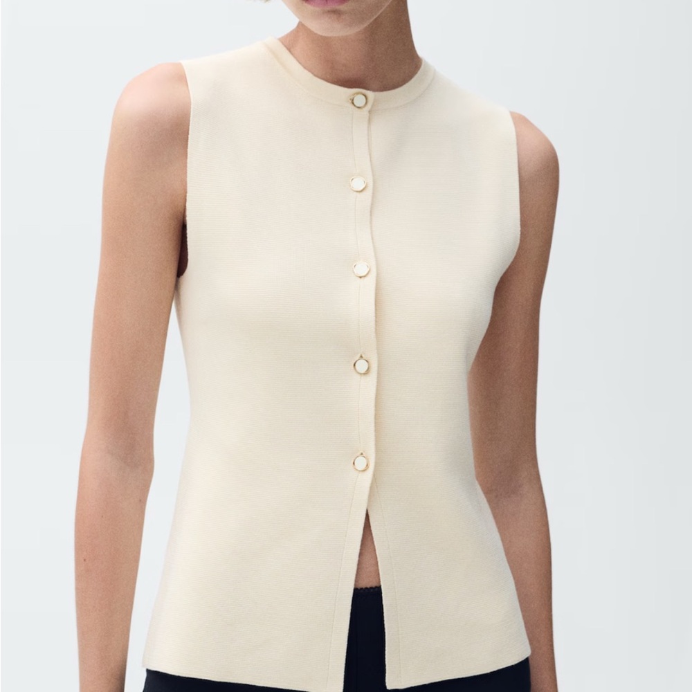 Mango Sleeveless Button-Down Shell in Cream with Gold Buttons - Picture 1 of 2
